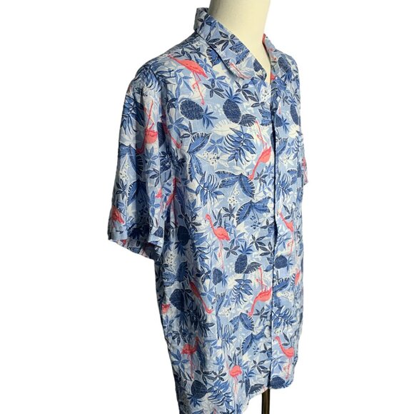 IZOD Reverse Print Button Up Hawaiian Shirt XXL Blue Flamingo Chambray Pocket - Picture 5 of 6